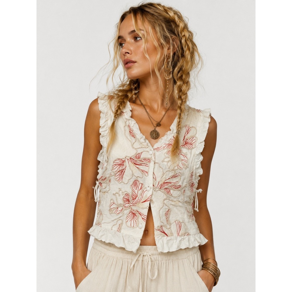 Birds of Paradise Cream Red Floral Embroidered Ruffle Blouse Top M NWOT